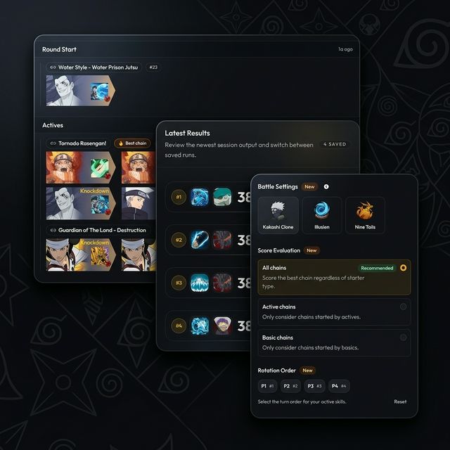 Simulation preview showing battle timeline and combo chain results