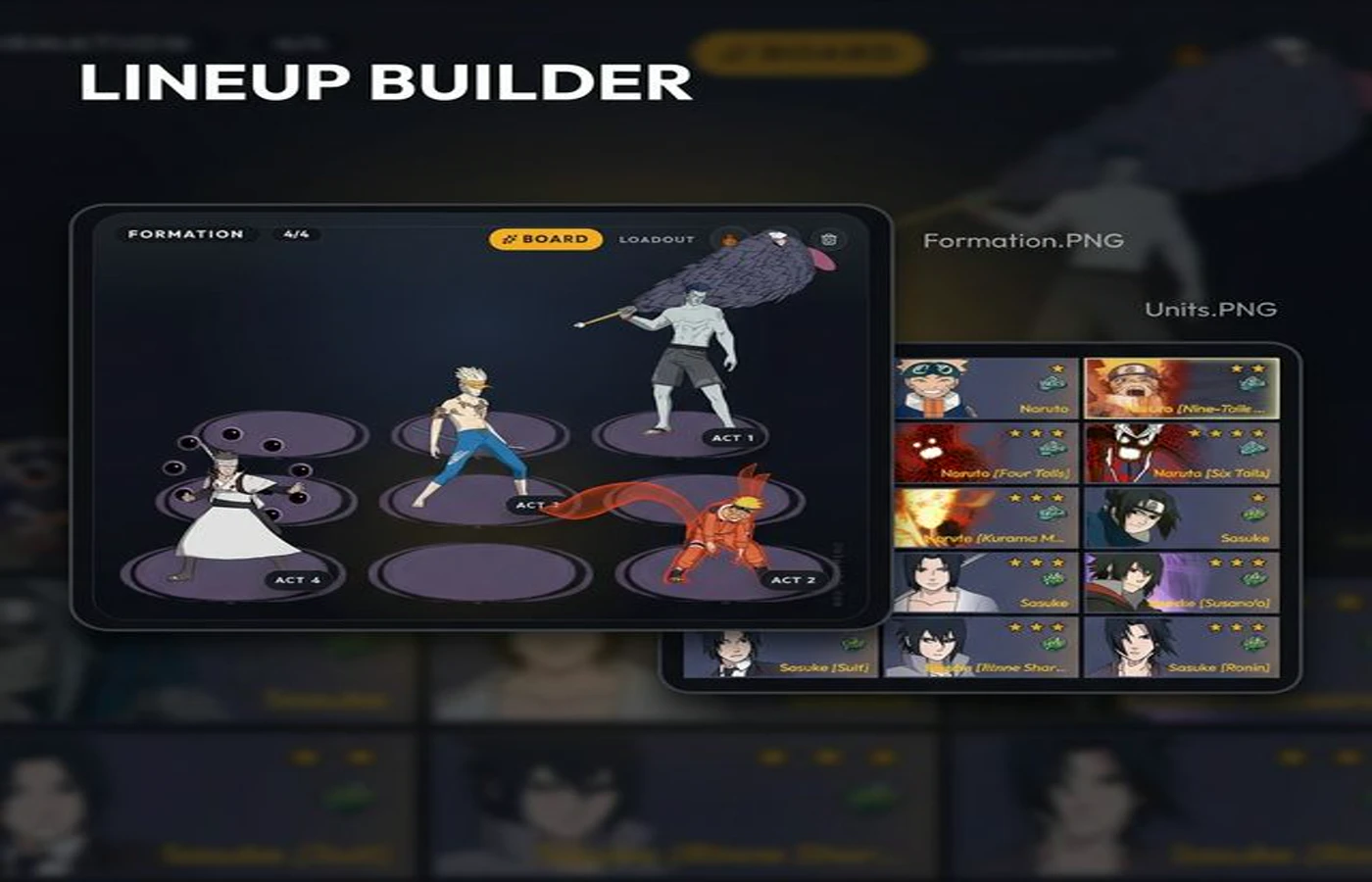 Lineup builder composite showing formation board and unit selection interface