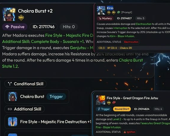 Skill inspector composite showing detailed skill cards and linked skill context